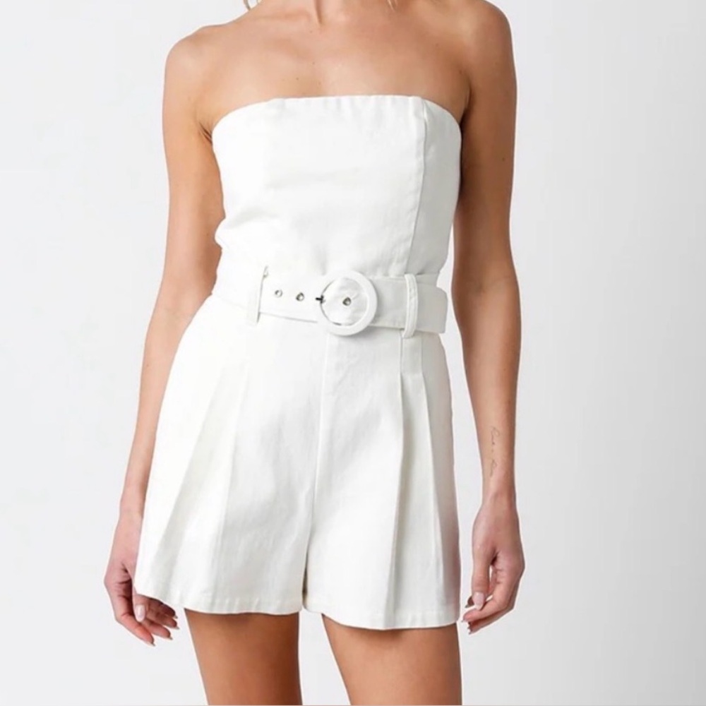 Olivaceous Strapless White Denim Romper With Belt
